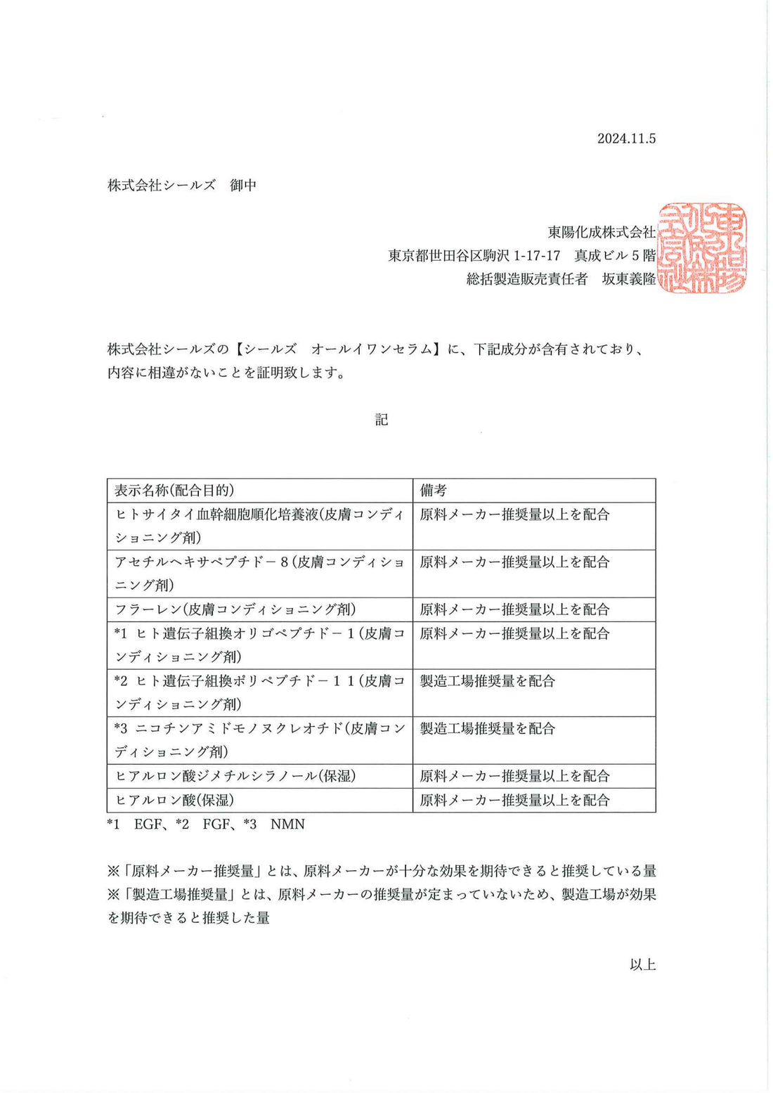 【お知らせ】成分証明書　（2024.12.16更新）